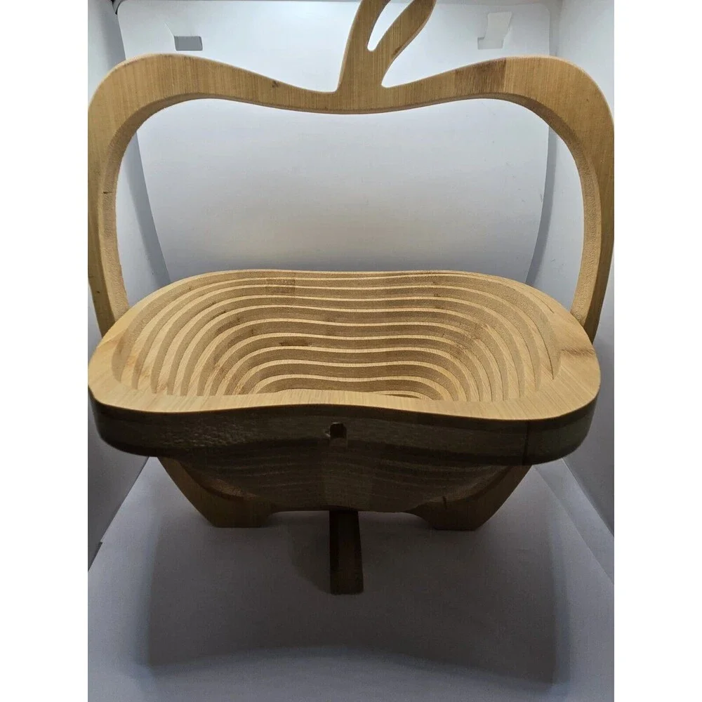 Apple Shaped Folding Collapsible Wooden Basket Fruit Bowl Trivet Decor